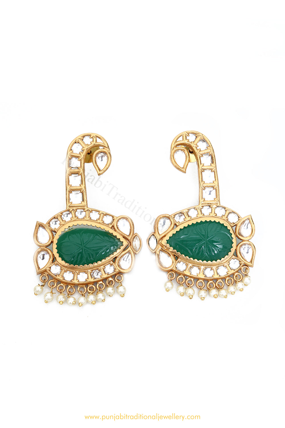 Gold Finished Emerald Kundan Earrings by PTJ