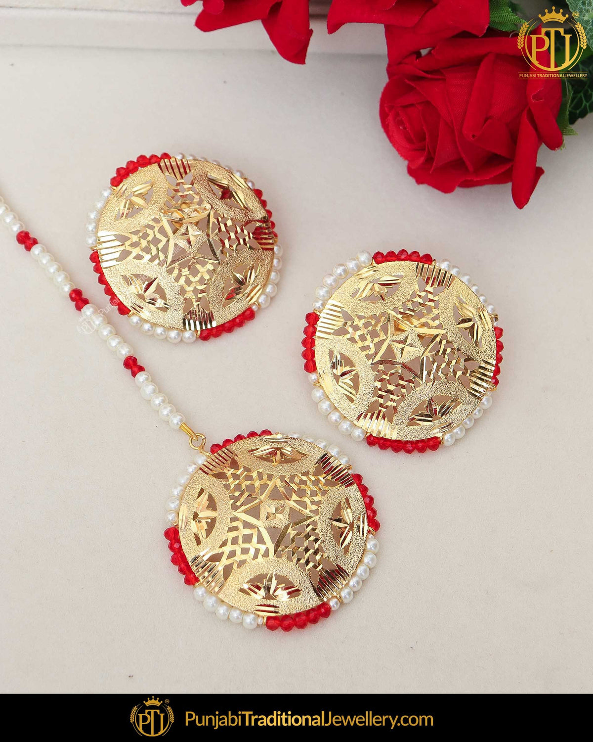 Gold Finished Red Jadau Stud Pearl Earring Tikka Set | Punjabi Traditional Jewellery Exclusive