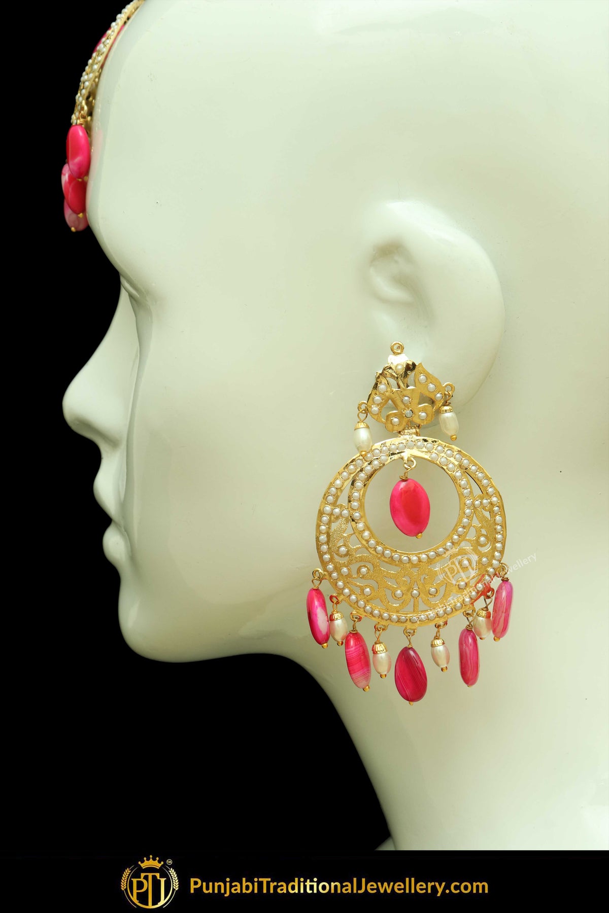 Gold Finished Pink Jadau Pearl Earring Tikka Set | Punjabi Traditional Jewellery Exclusive
