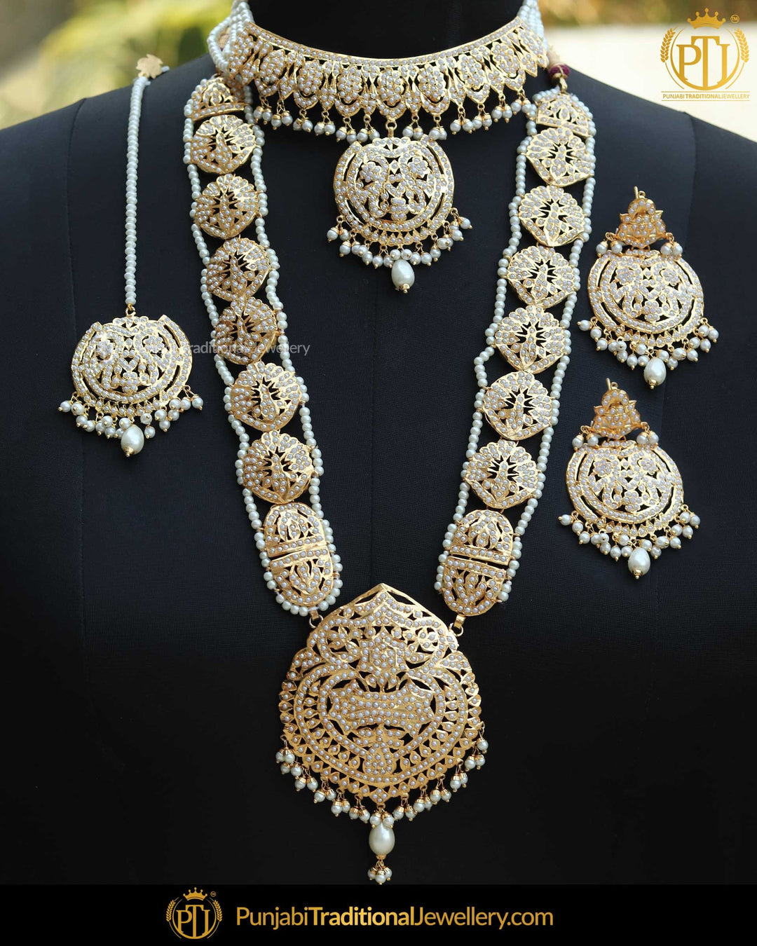 Gold Finished Pearl Bridal Jadau Choker With Long Necklace Set | Punjabi Traditional Jewellery Exclusive