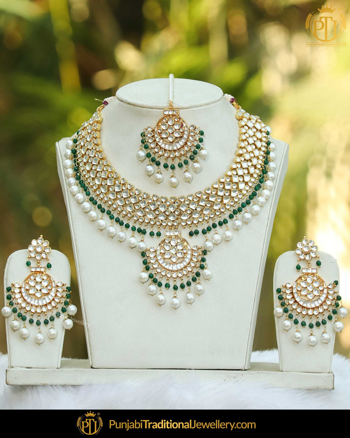 Gold Finished Emerald Pearl Kundan Necklace Set | Punjabi Traditional Jewellery Exclusive