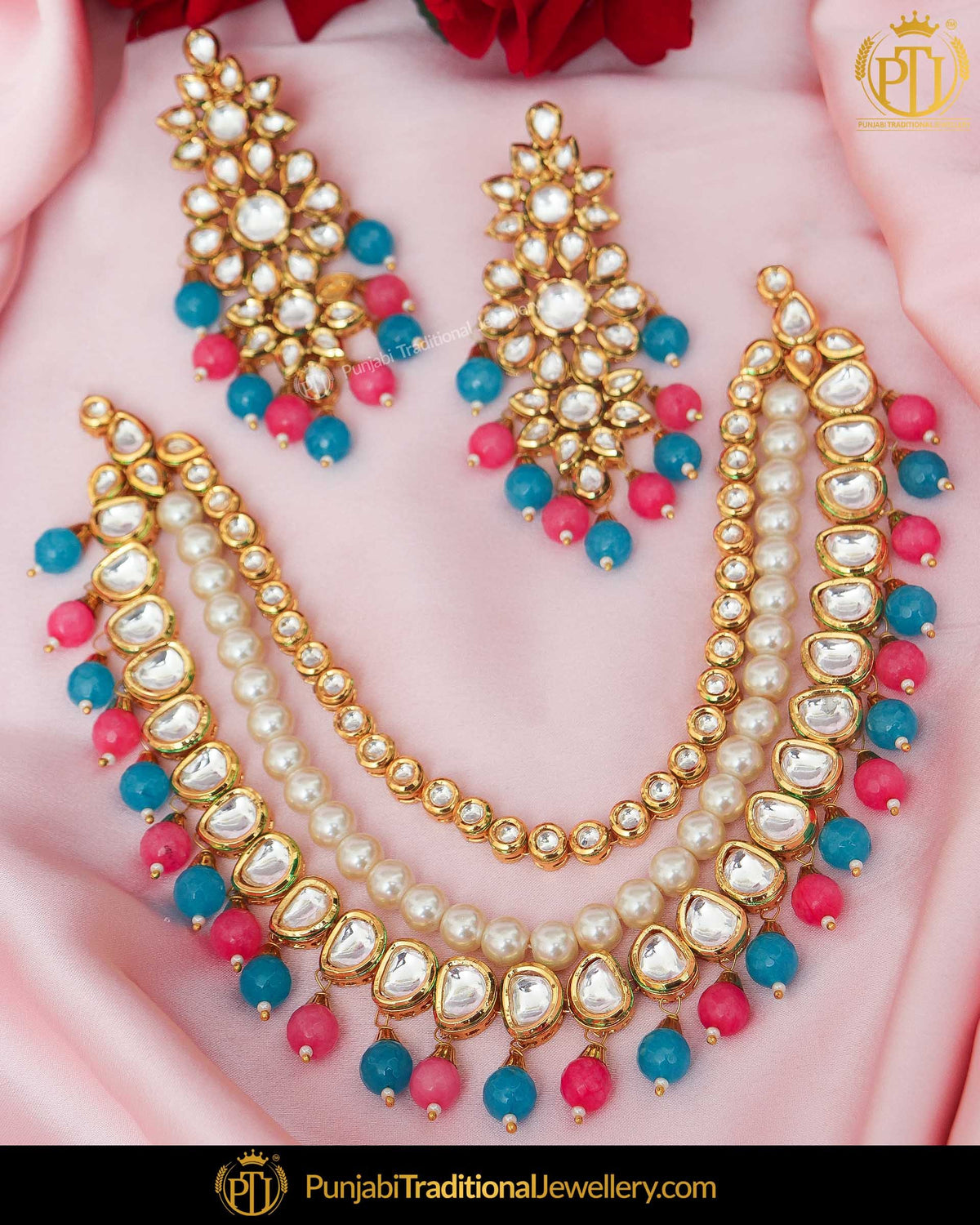 Gold Finished Pink Firozi Kundan Pearl Necklace Set | Punjabi Traditional Jewellery Exclusive
