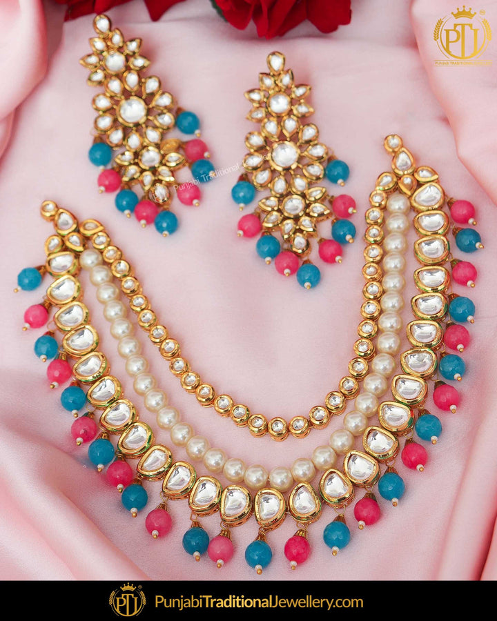 Gold Finished Pink Firozi Kundan Pearl Necklace Set | Punjabi Traditional Jewellery Exclusive
