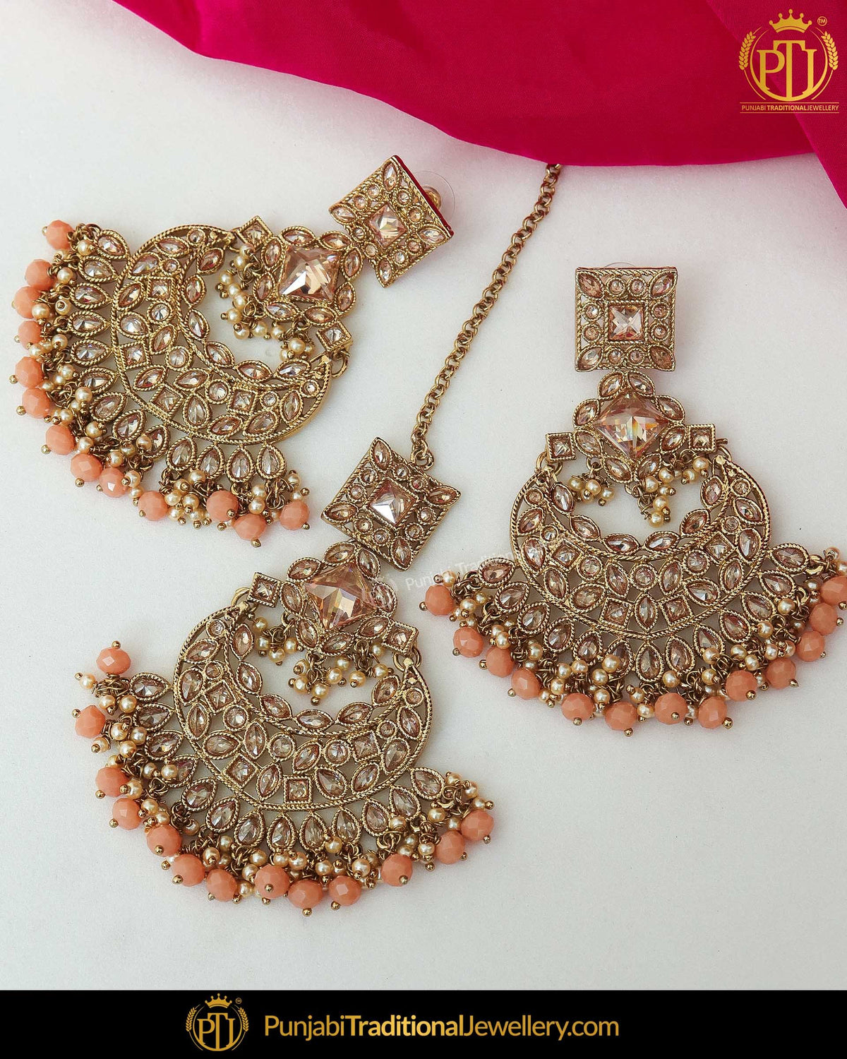 Gold Finished Champange Stone Earring Tikka Set | Punjabi Traditional Jewellery Exclusive