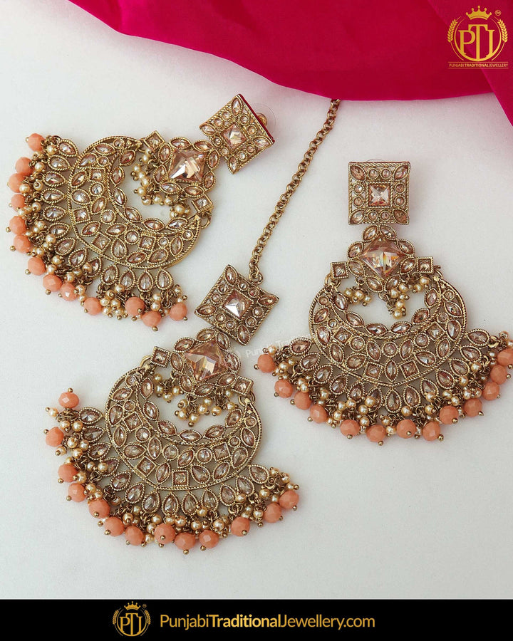 Gold Finished Champange Stone Earring Tikka Set | Punjabi Traditional Jewellery Exclusive