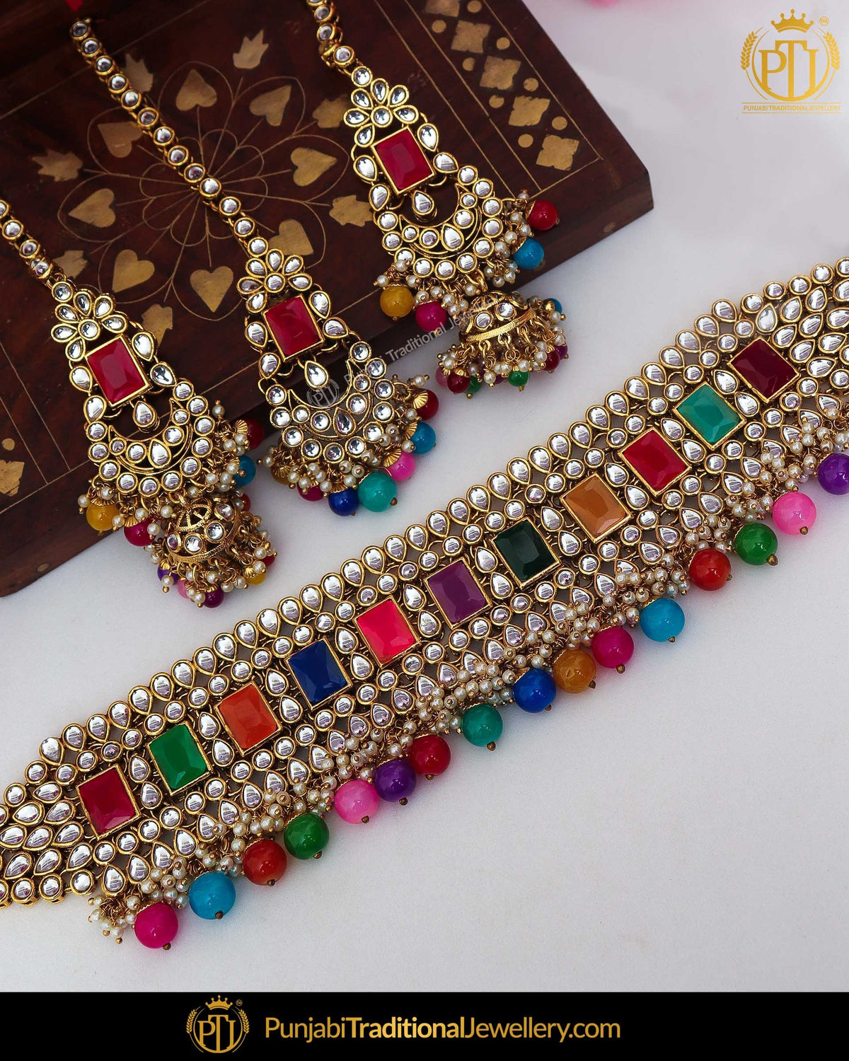 Gold Finished Navratan Kundan Pearl Choker Necklace & Sahare Earrings | Punjabi Traditional Jewellery Exclusive