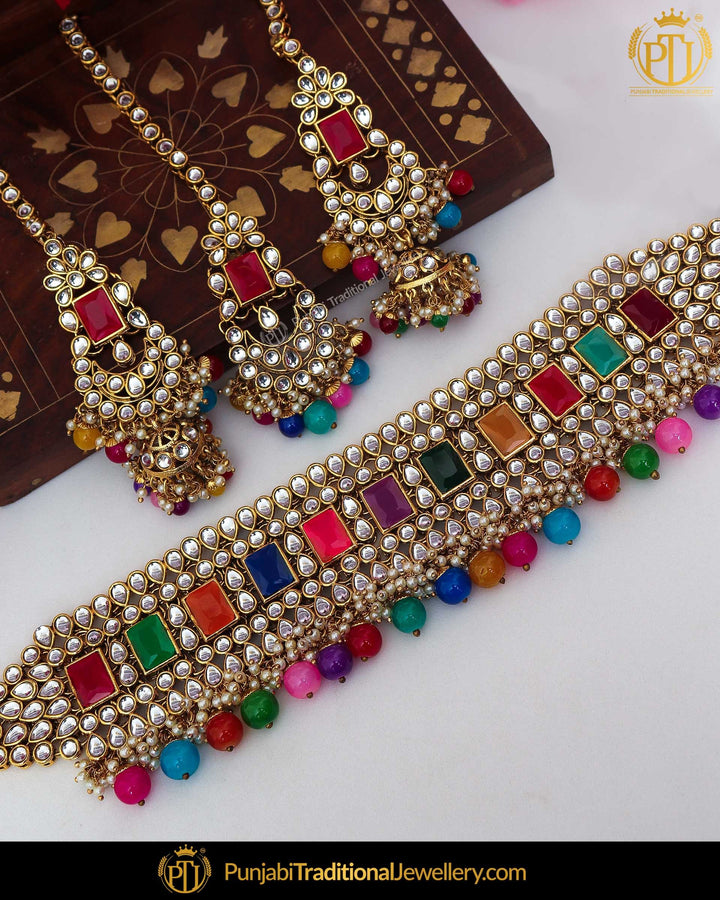 Gold Finished Navratan Kundan Pearl Choker Necklace & Sahare Earrings | Punjabi Traditional Jewellery Exclusive