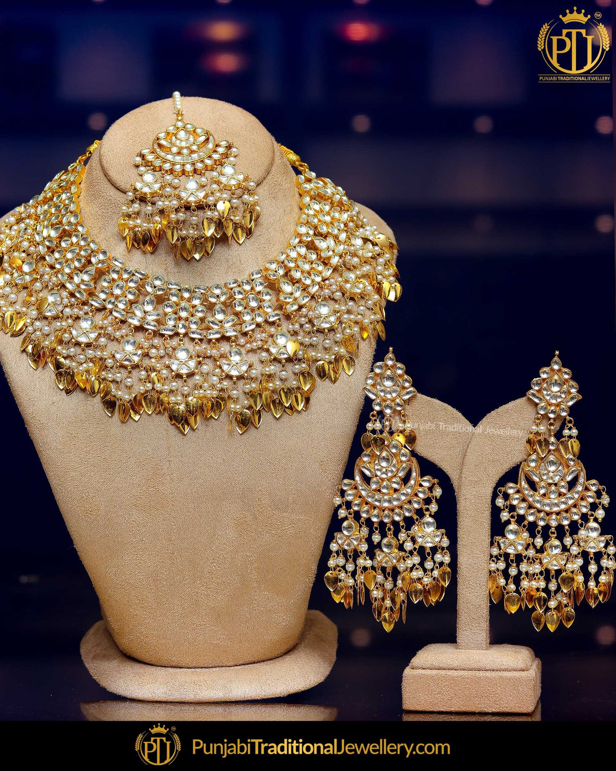 Gold Finished Kundan Pearl Pippal Patti Necklace Set | Punjabi Traditional Jewellery Exclusive