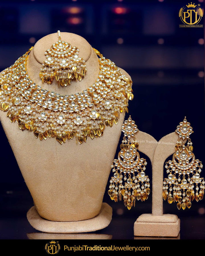 Gold Finished Kundan Pearl Pippal Patti Necklace Set | Punjabi Traditional Jewellery Exclusive