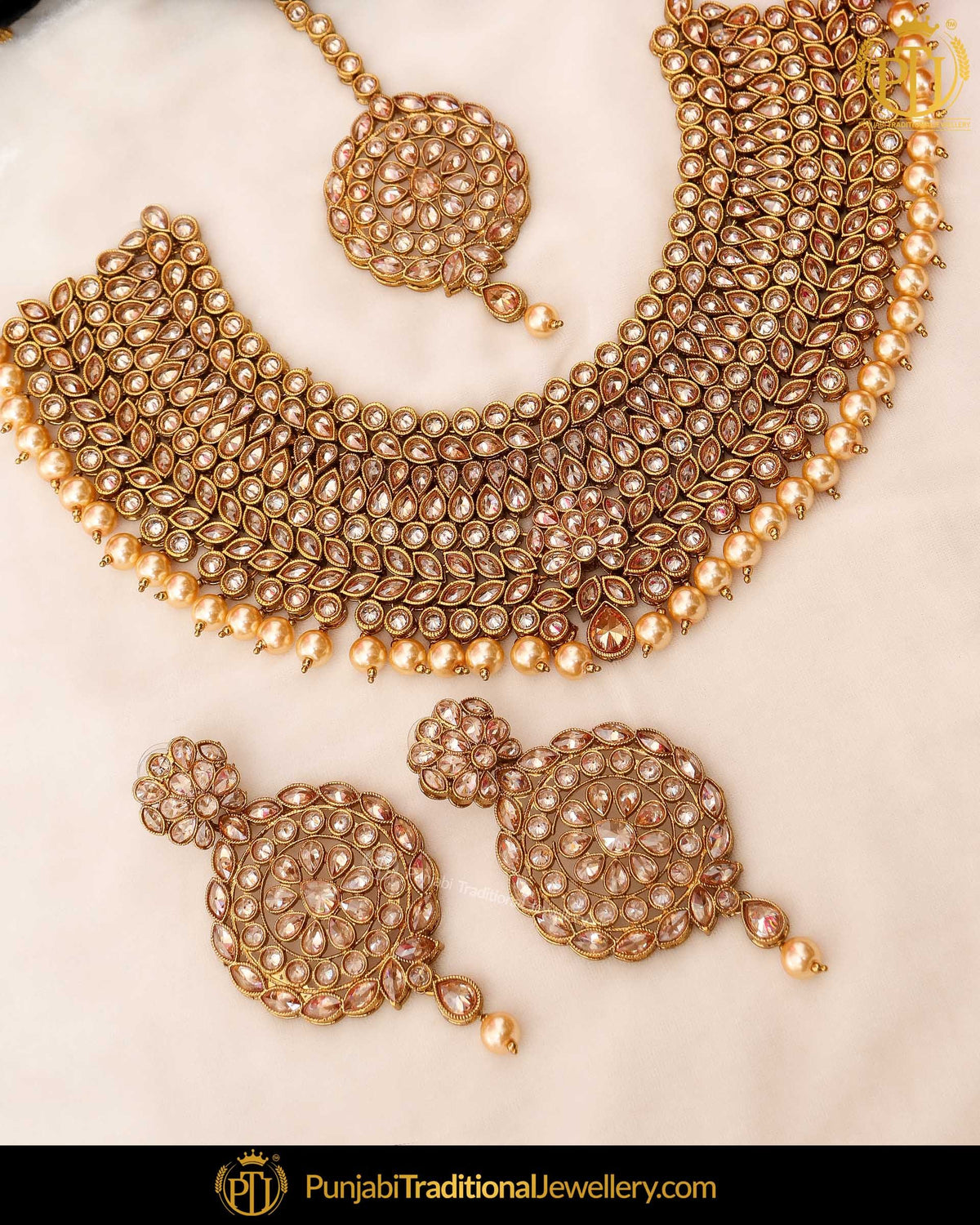 Antique Gold Finished Chamapgne Stone Necklace Set | Punjabi Traditional Jewellery Exclusive
