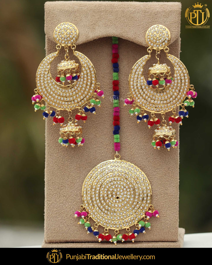 Gold Finished Navratan Jadau Earring Tikka Set | Punjabi Traditional Jewellery Exclusive