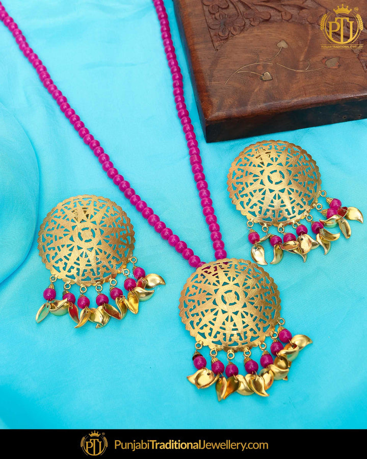 Gold Finished Pippal Patti Pearl Pink Patra Long Necklace Set | Punjabi Traditional Jewellery Exclusive