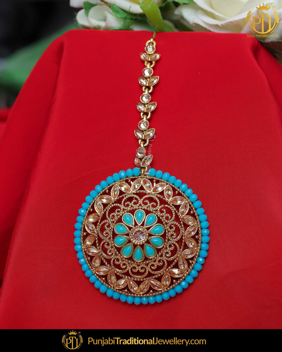Gold Finished Firozi Champagne Stone Tikka | Punjabi Traditional Jewellery Exclusive