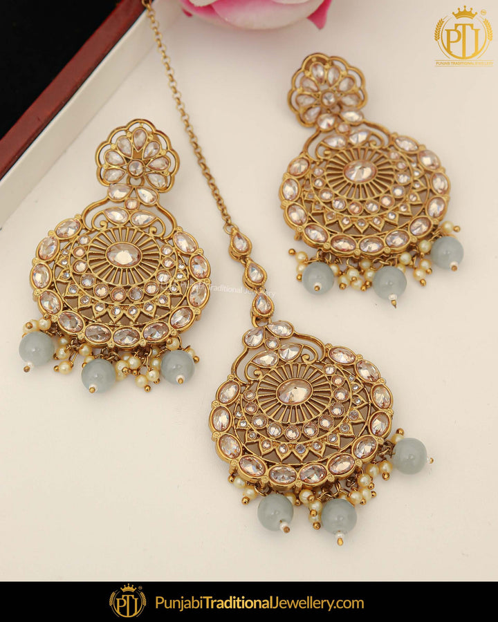 Antique Gold Finished Pearl Champagne Stone Earring Tikka Set | Punjabi Traditional Jewellery Exclusive