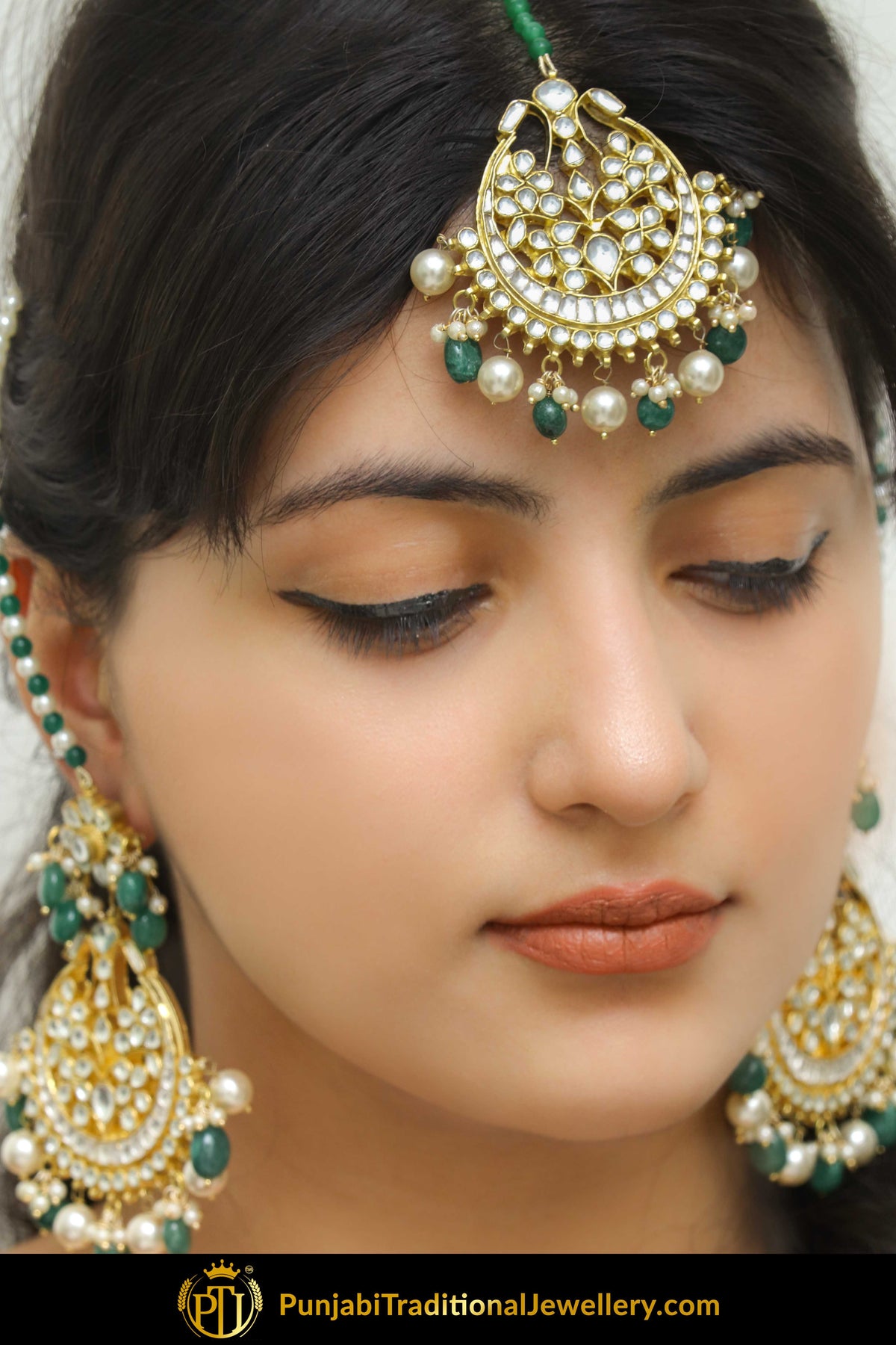 Benazir Emerald Kundan Pearl Sahare Earrings With Tikka | Punjabi Traditional Jewellery