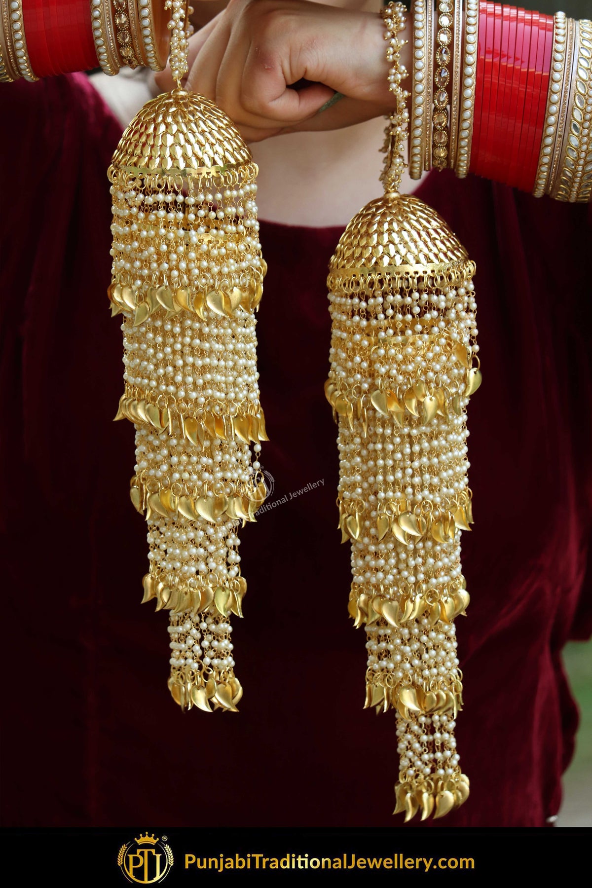Gold Finished Pearl Pippal Patti Bridal Kalira & Polki Red Bridal Chura | Punjabi Traditional Jewellery Exclusive