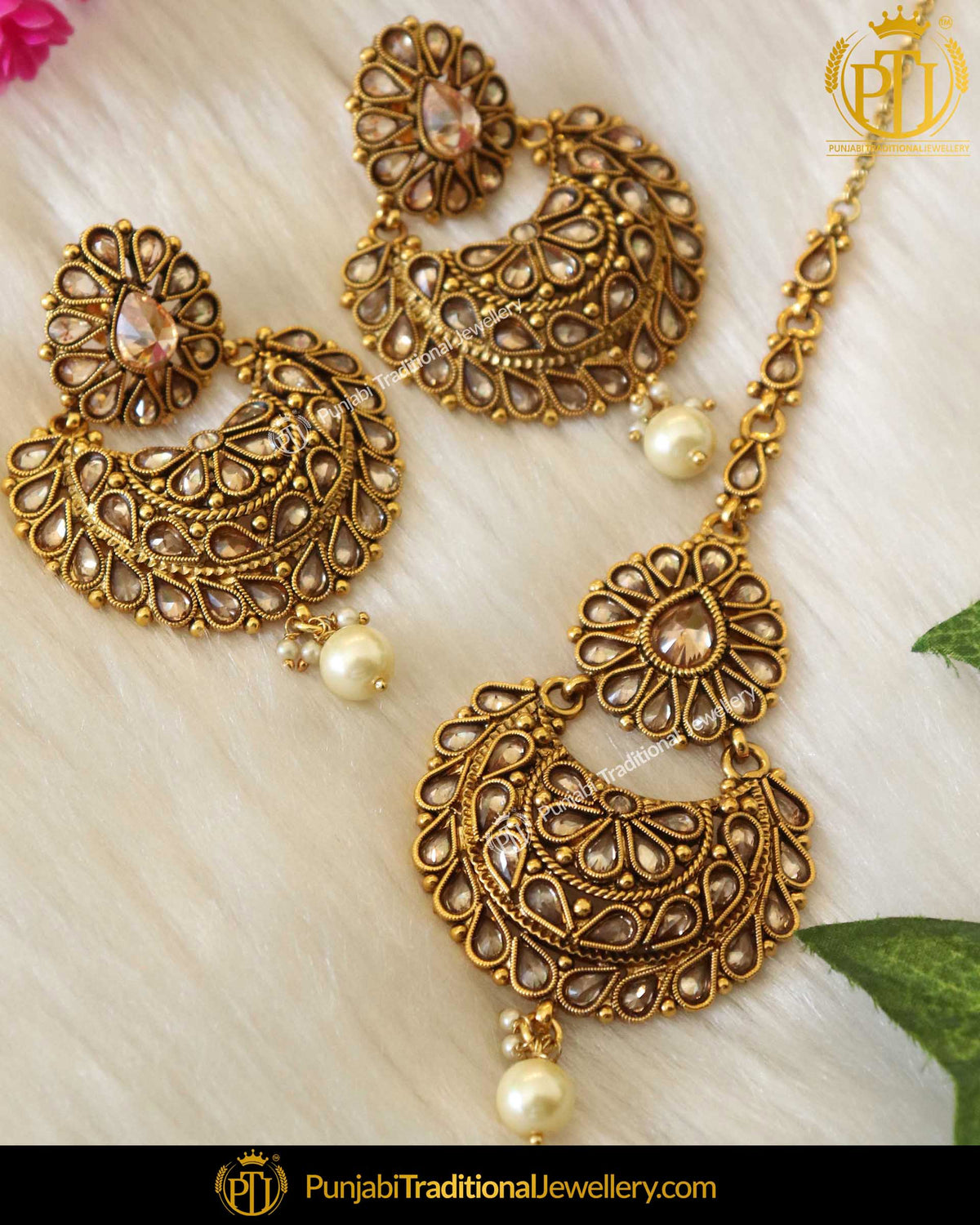 Champagne Stone Pearl Earring Tikka Set | Punjabi Traditional Jewellery Exclusive