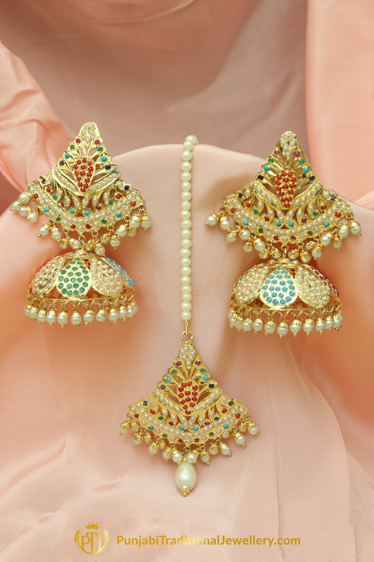 Hadhirah Gold Finished Navratan Jadau Earrings With Tikka | Punjabi Traditional Jewellery Exclusive