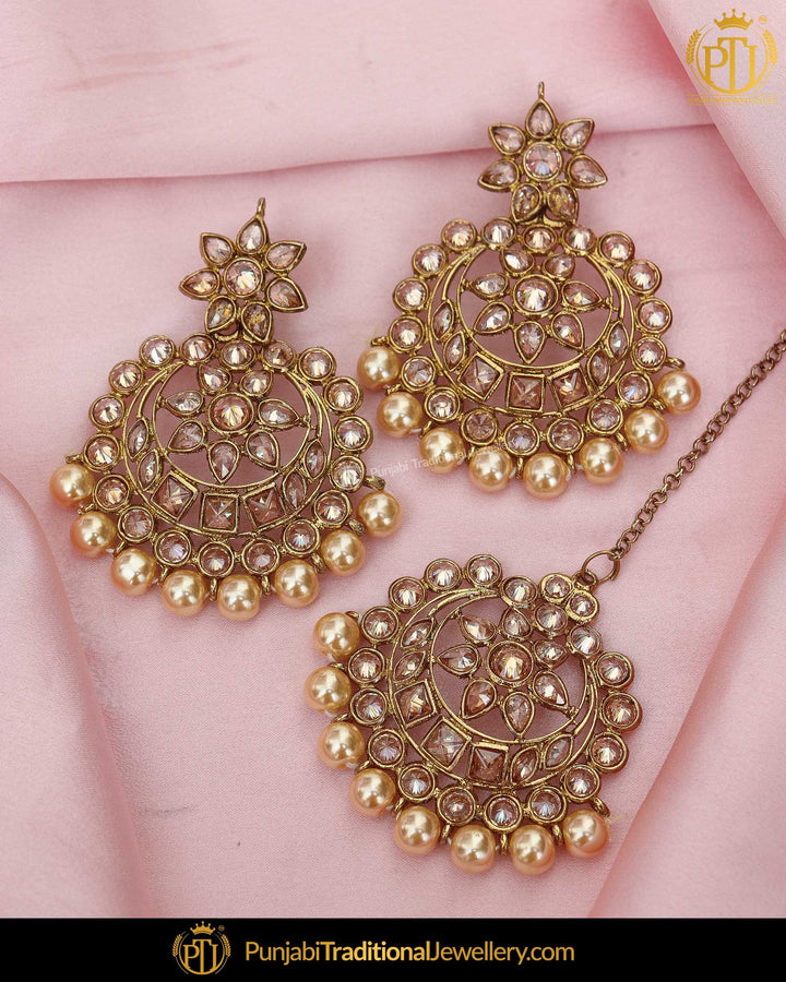 Gold Finished Chamapgne Stone Pearl Earring Tikka Set | Punjabi Traditional Jewellery Exclusive