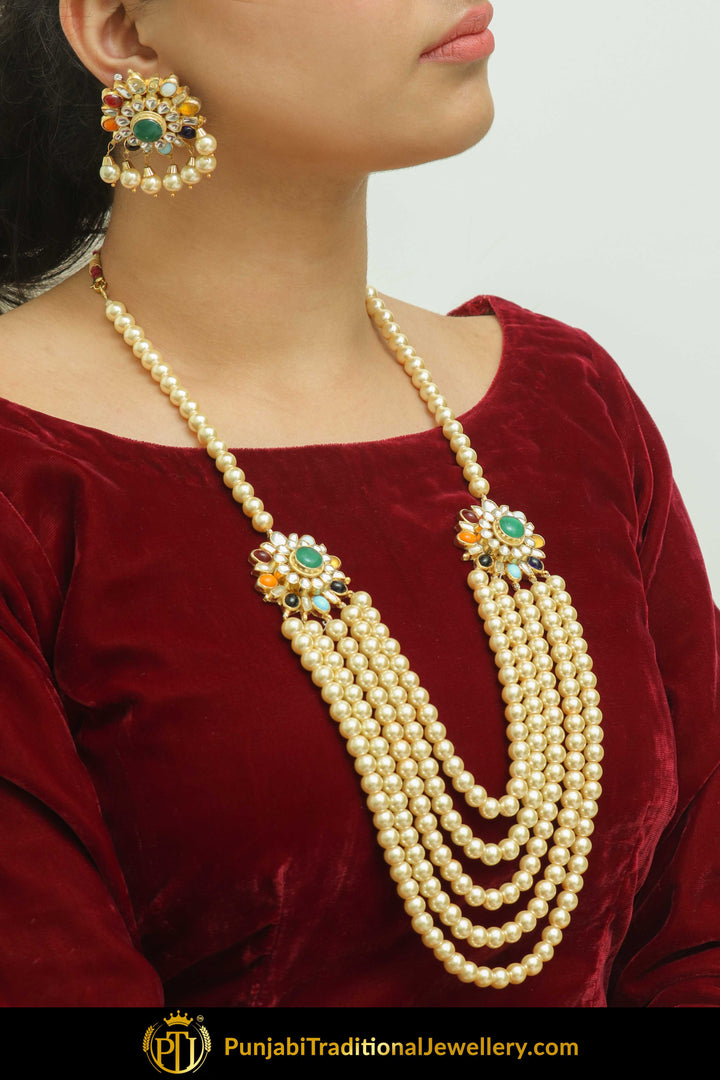 Faiza Navratan Kundan Pearl Long With Stud Earring Tikka Set | Punjabi Traditional Jewellery Exclusive