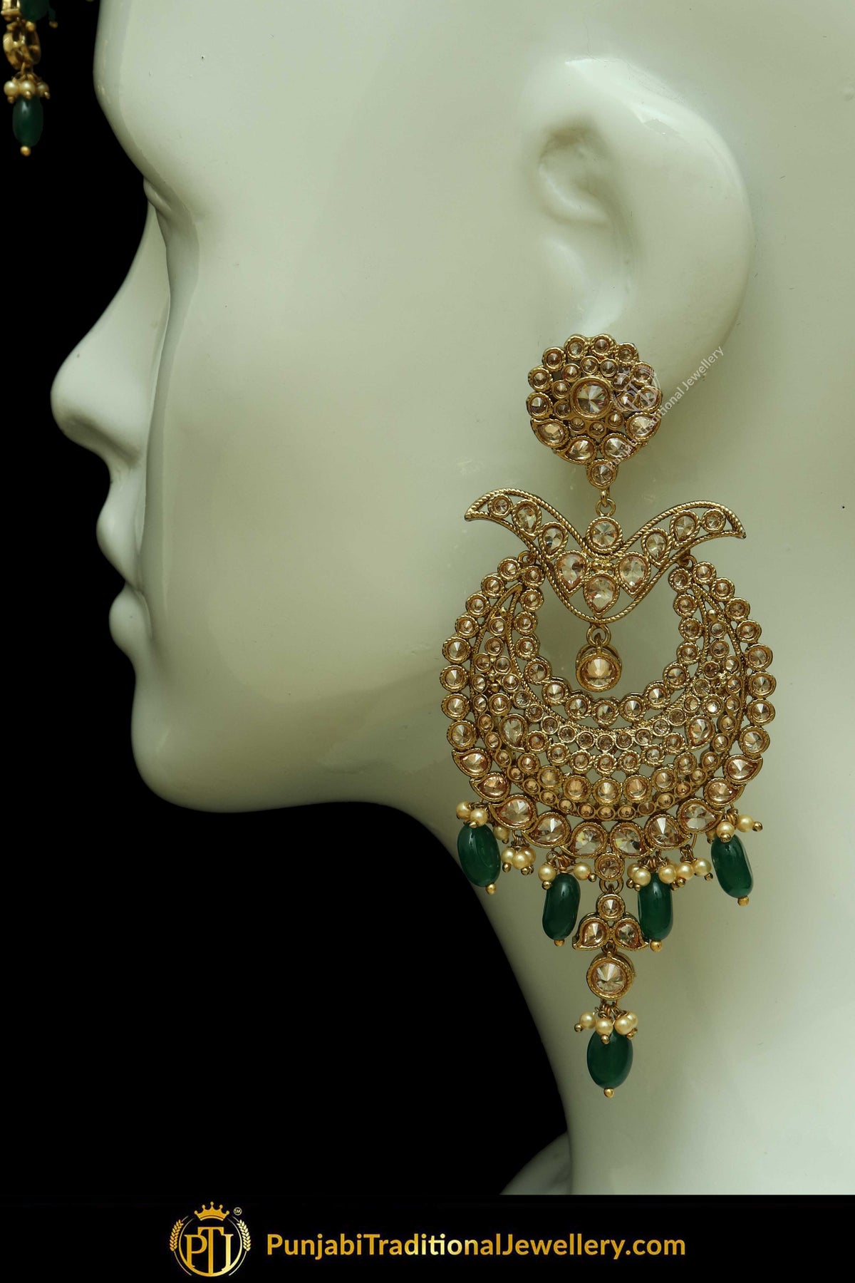 Antique Gold Finised Champagne Stone Green Earring Tikka Set By Punjabi Traditional Jewellery