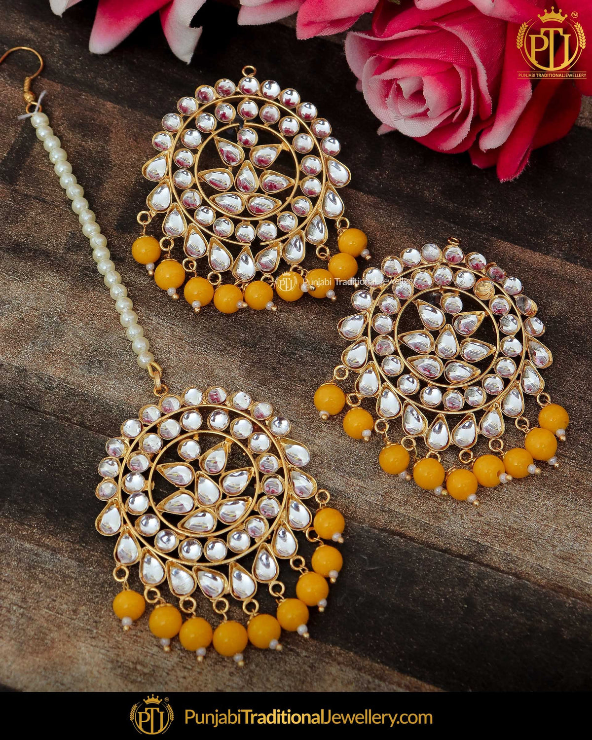 Gold Finished Kundan Yellow Stud  Earring Tikka Set By Punjabi Traditional Jewellery