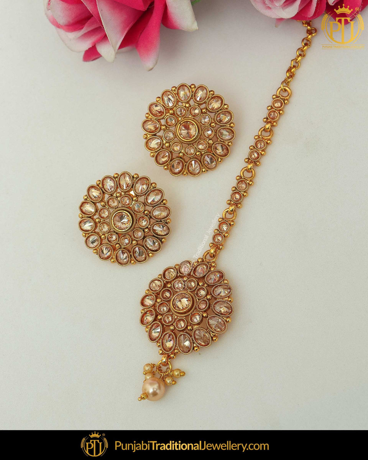Antique Gold Finished Pearl Champagne Stone Stud Earrings & Tikka | Punjabi Traditional Jewellery Exclusive