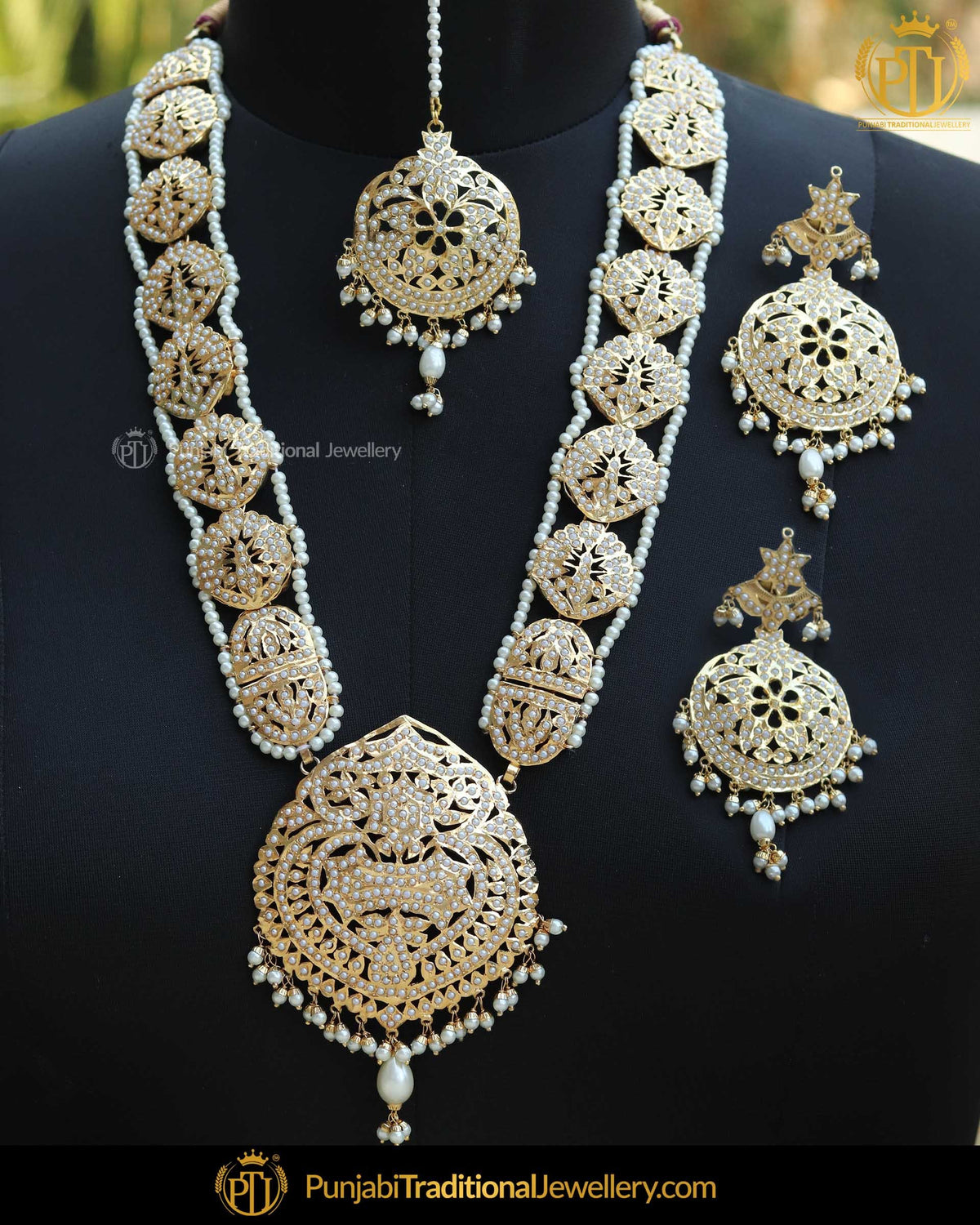 Gold Finished Pearl Bridal Jadau Long Necklace Set | Punjabi Traditional Jewellery Exclusive