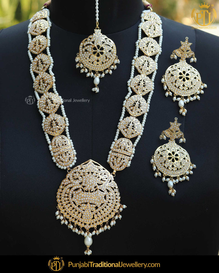 Gold Finished Pearl Bridal Jadau Long Necklace Set | Punjabi Traditional Jewellery Exclusive