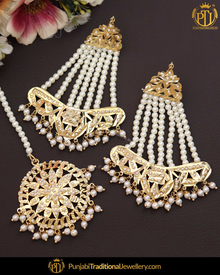 Gold Finished Jadau Pearl Earring Tikka Set | Punjabi Traditional Jewellery Exclusive