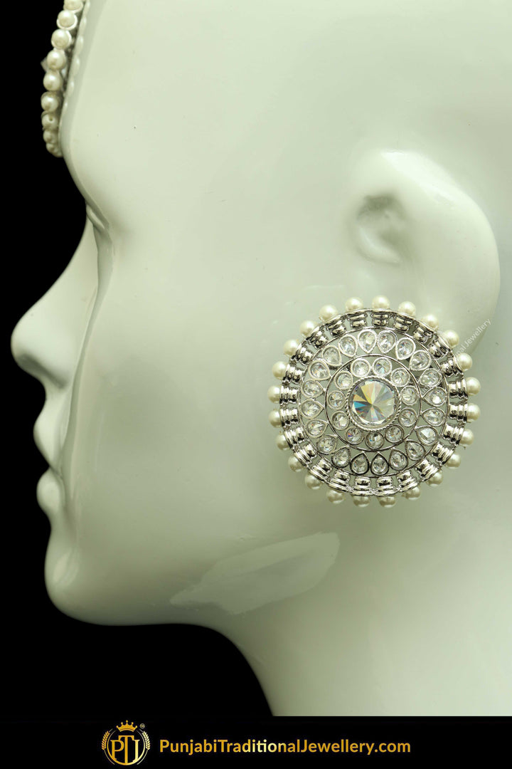 Silver Finished Polki Stone Oversized Stud Earrings & Tikka Set By Punjabi Traditional Jewellery