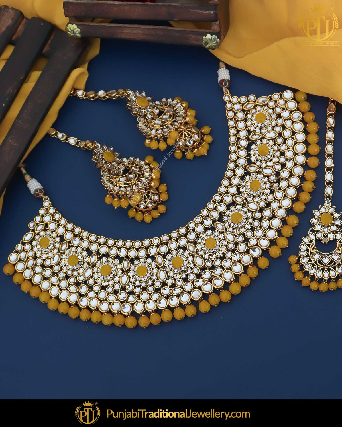Gold Finished Kundan Yellow Pearl Necklace Set | Punjabi Traditional Jewellery Exclusive