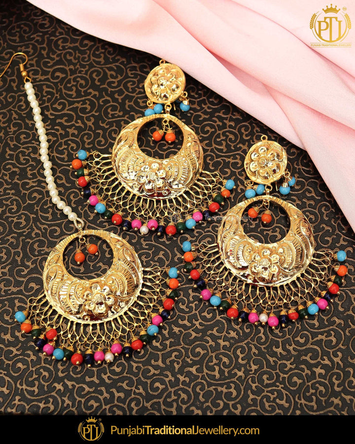 Gold Finished Navratan Patra Pearl Earring Tikka Set  | Punjabi Traditional Jewellery Exclusive