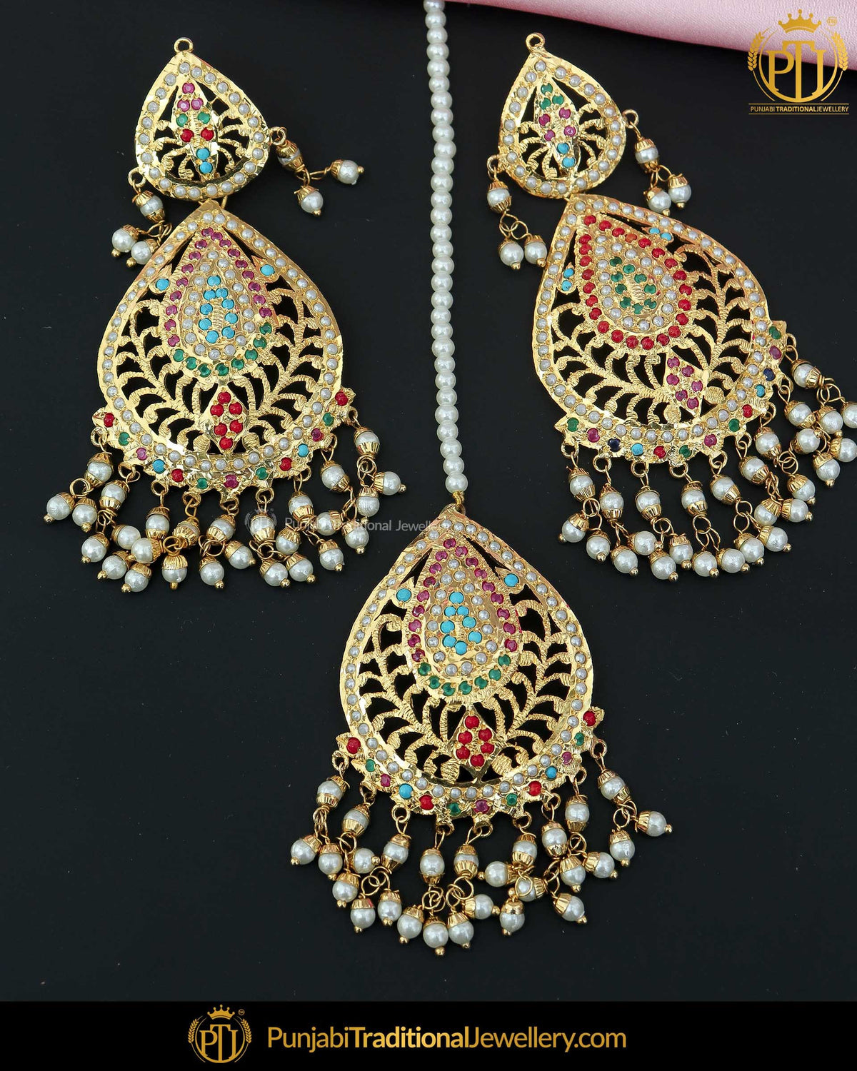 Gold Finished Navratan Jadau Earring Tikka Set | Punjabi Traditional Jewellery Exclusive