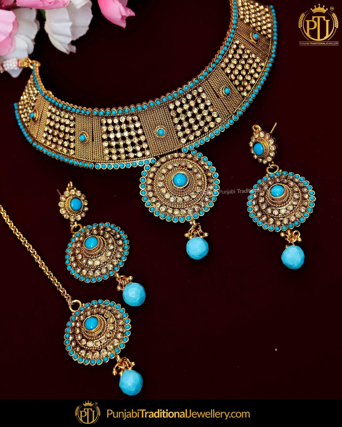 Antique Gold Finished Firozi Johda Necklace Set | Punjabi Traditional Jewellery Exclusive