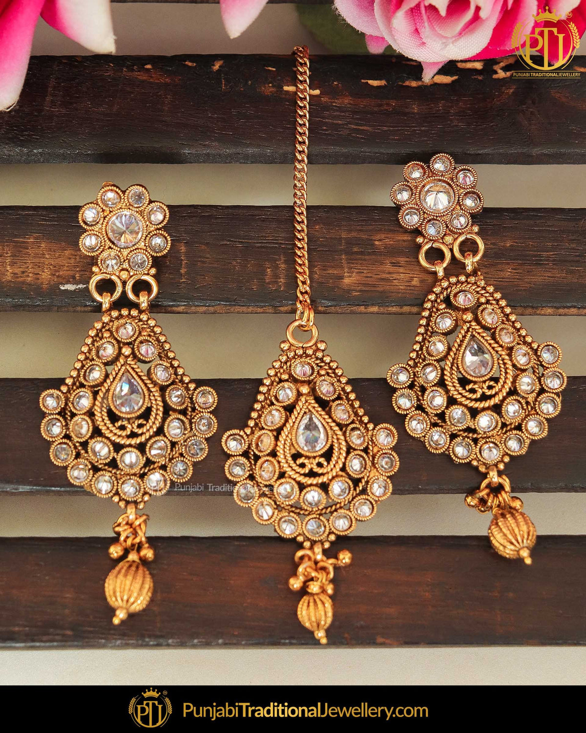 Gold Finished Polki Stone Pearl Earring Tikka Set | Punjabi Traditional Jewellery Exclusive