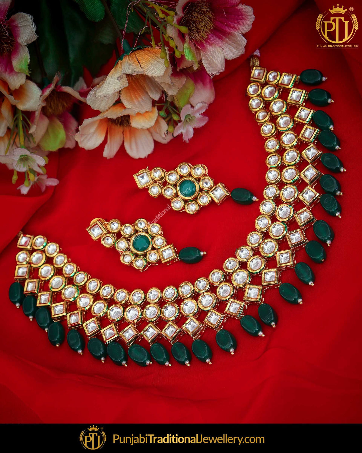 Gold Finished Emerald Kundan Pearl Necklace Set | Punjabi Traditional Jewellery Exclusive