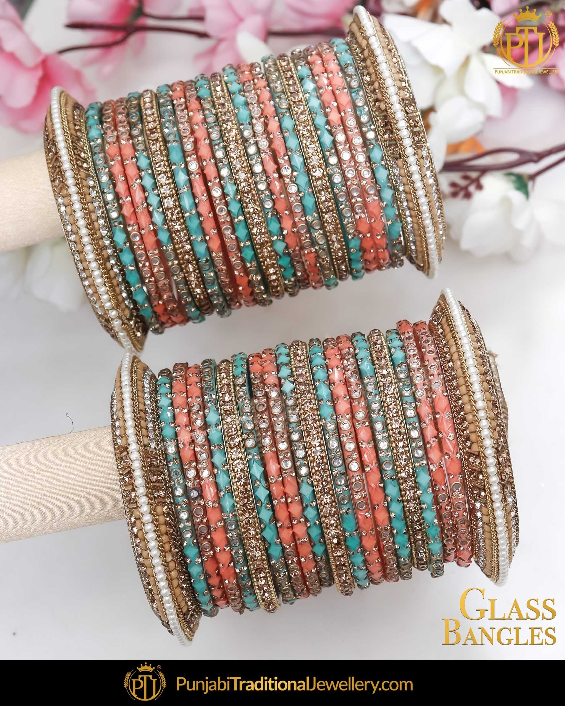 Peach & Sky Blue Jerkan (For Both Hands) Glass Bangles Set | Punjabi Traditional Jewellery Exclusive