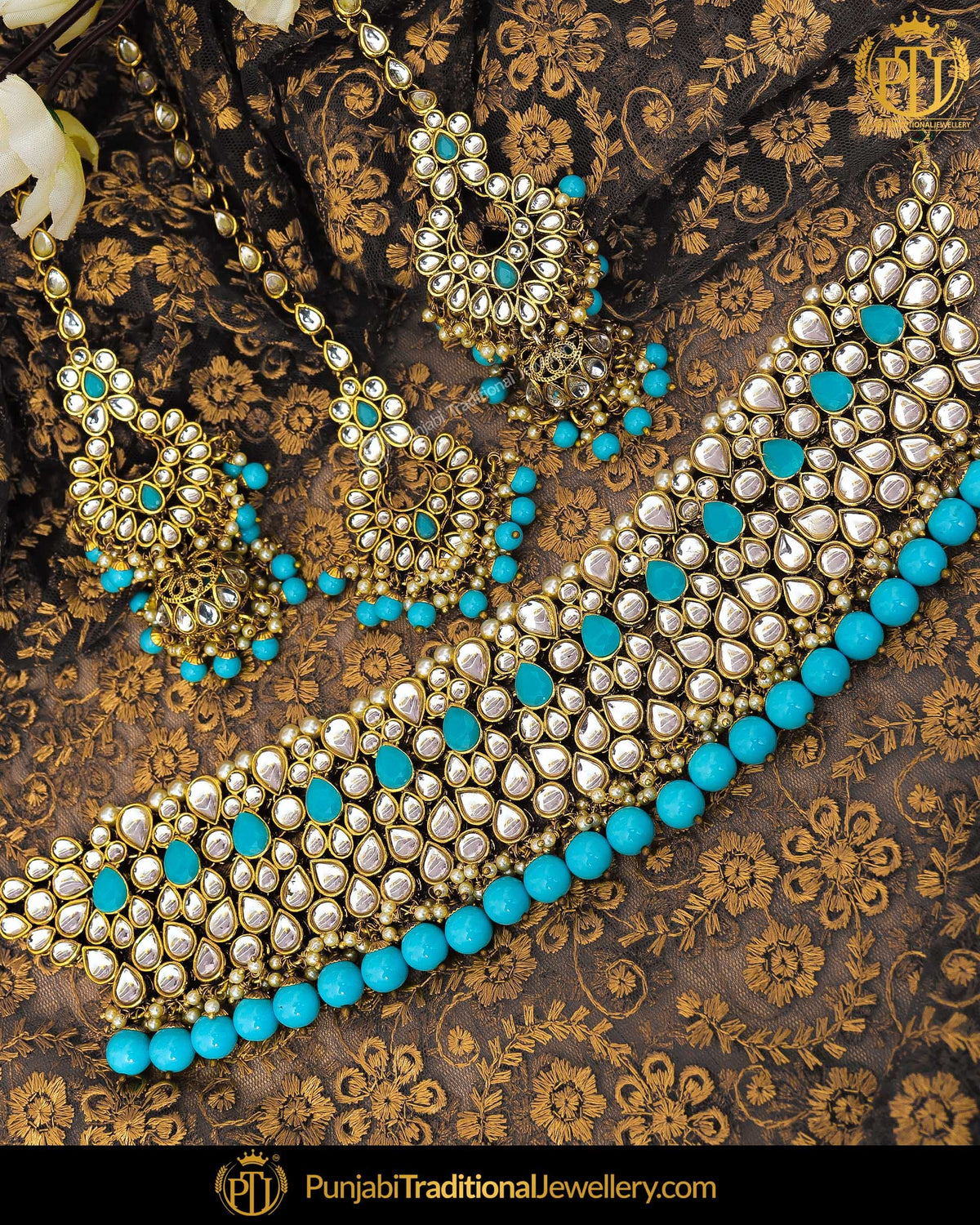 Gold Finished Firozi Kundan Pearl Choker Necklace & Sahare Earrings | Punjabi Traditional Jewellery Exclusive