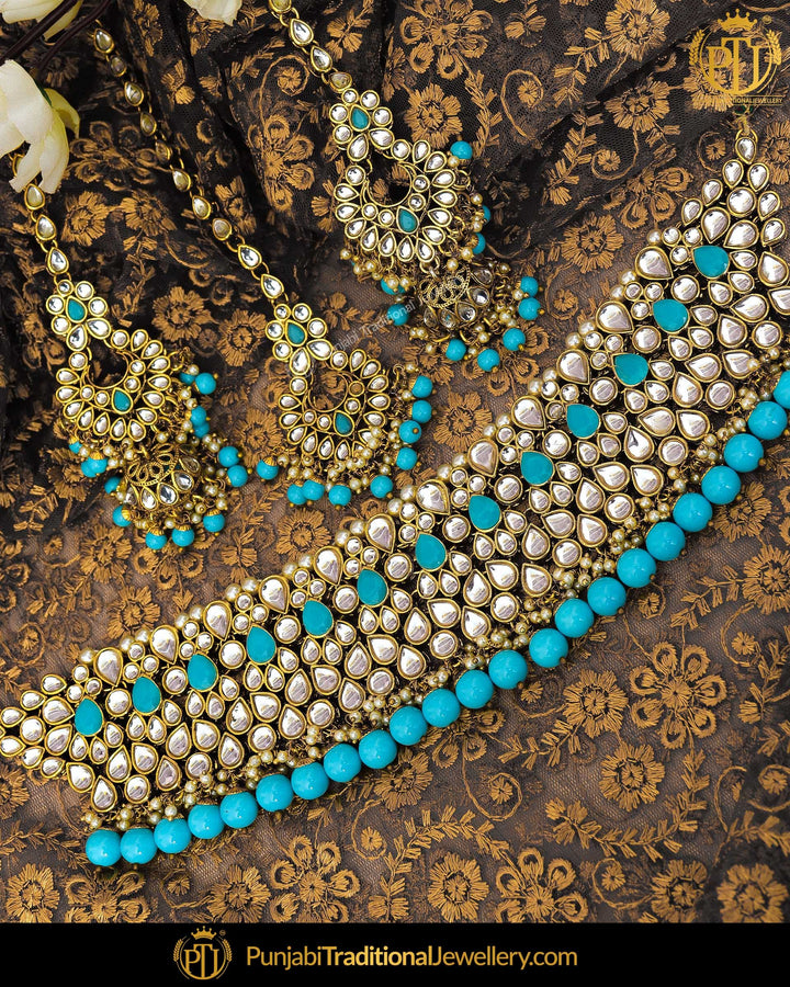 Gold Finished Firozi Kundan Pearl Choker Necklace & Sahare Earrings | Punjabi Traditional Jewellery Exclusive