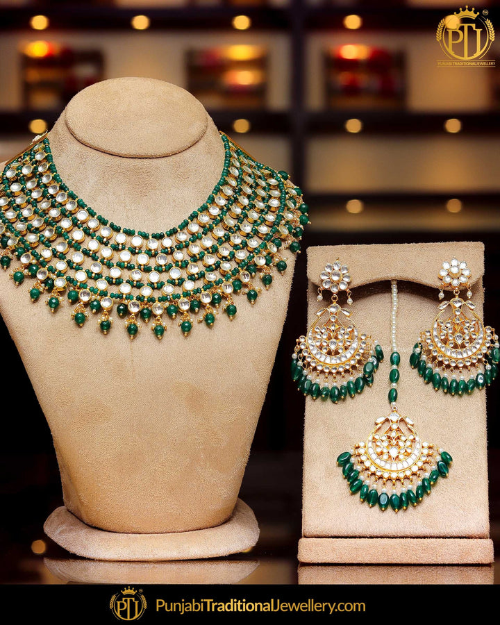 Gold Finished Kundan Pearl Emerald Necklace Set | Punjabi Traditional Jewellery Exclusive