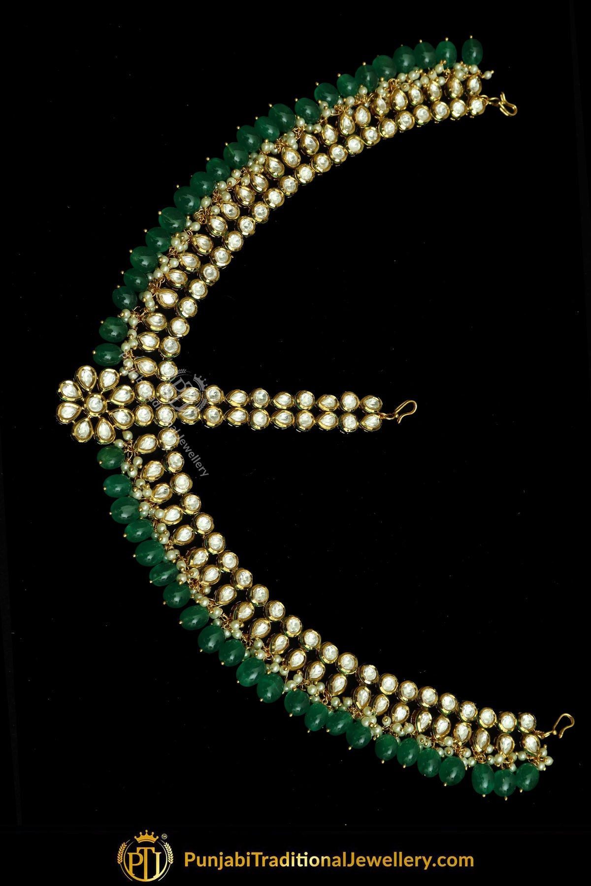 Gold Finished Kundan Emerald Matha Patti | Punjabi Traditional Jewellery Exclusive