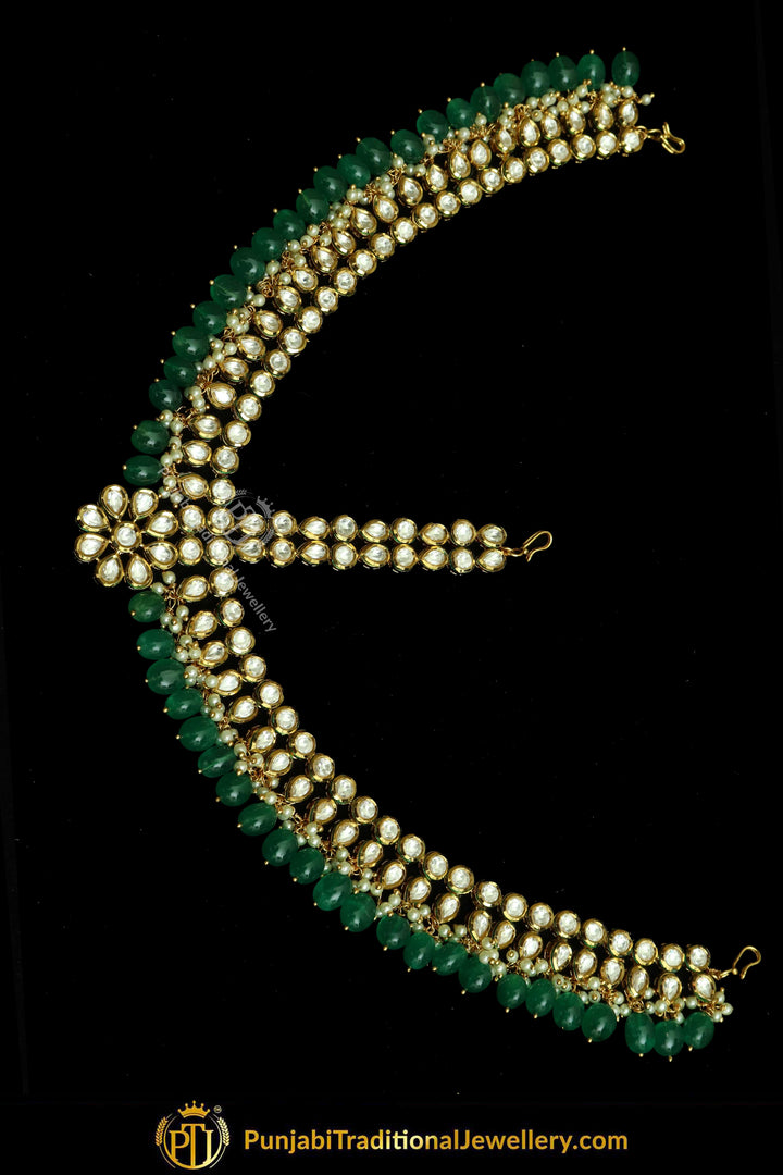 Gold Finished Kundan Emerald Matha Patti | Punjabi Traditional Jewellery Exclusive