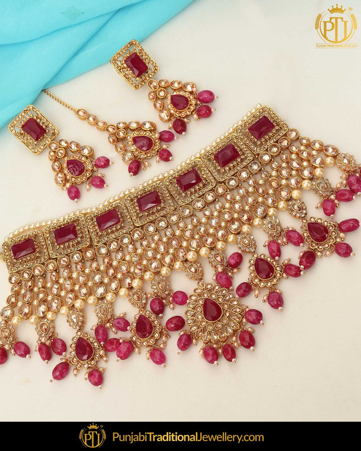 Gold Finished Rubby Champagne Stone Pearl  Choker Necklace Set  | Punjabi Traditional Jewellery Exclusive