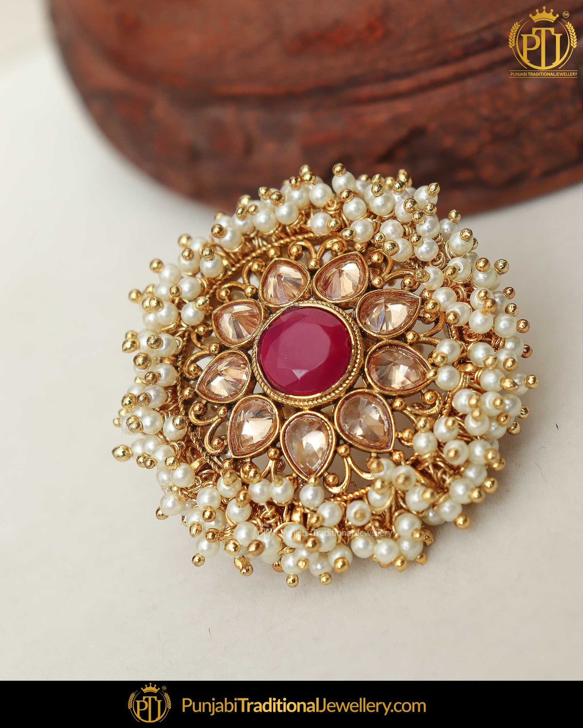 Gold Finished Pearl Rubby Champagne Stone Ring | Punjabi Traditional Jewellery Exclusive