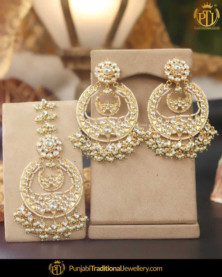 Gold Finished Kundan Pearl Earring Tikka Set | Punjabi Traditional Jewellery Exclusive