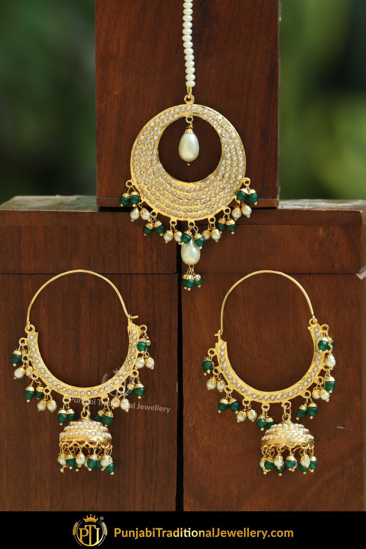 Gold Finished Emerald Jadau Bali Earring Tikka Set | Punjabi Traditional Jewellery Exclusive