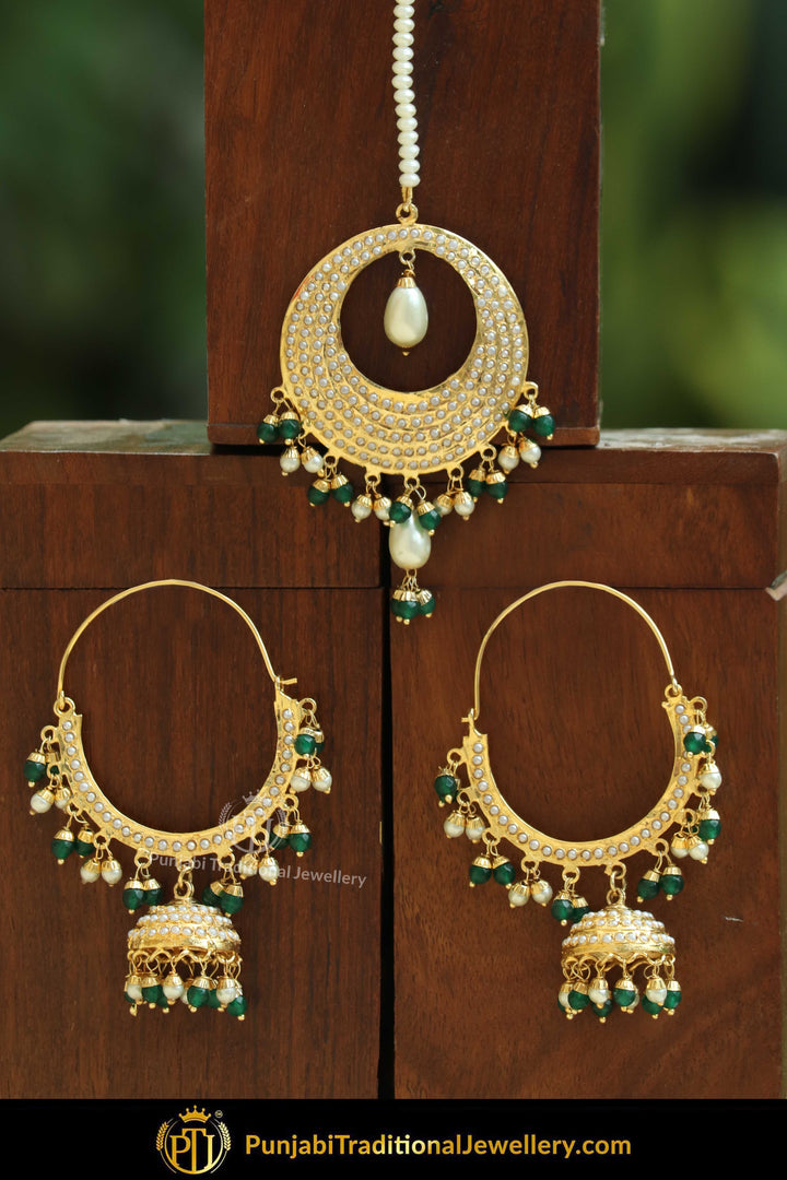 Gold Finished Emerald Jadau Bali Earring Tikka Set | Punjabi Traditional Jewellery Exclusive