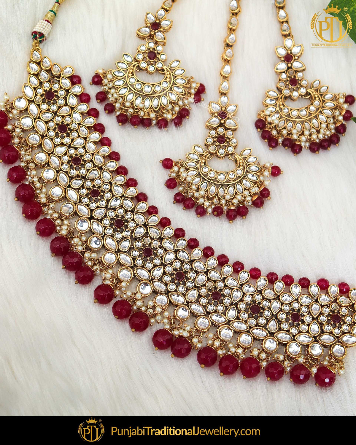 Gold Finished Rubby Kundan Pearl Necklace Set | Punjabi Traditional Jewellery Exclusive