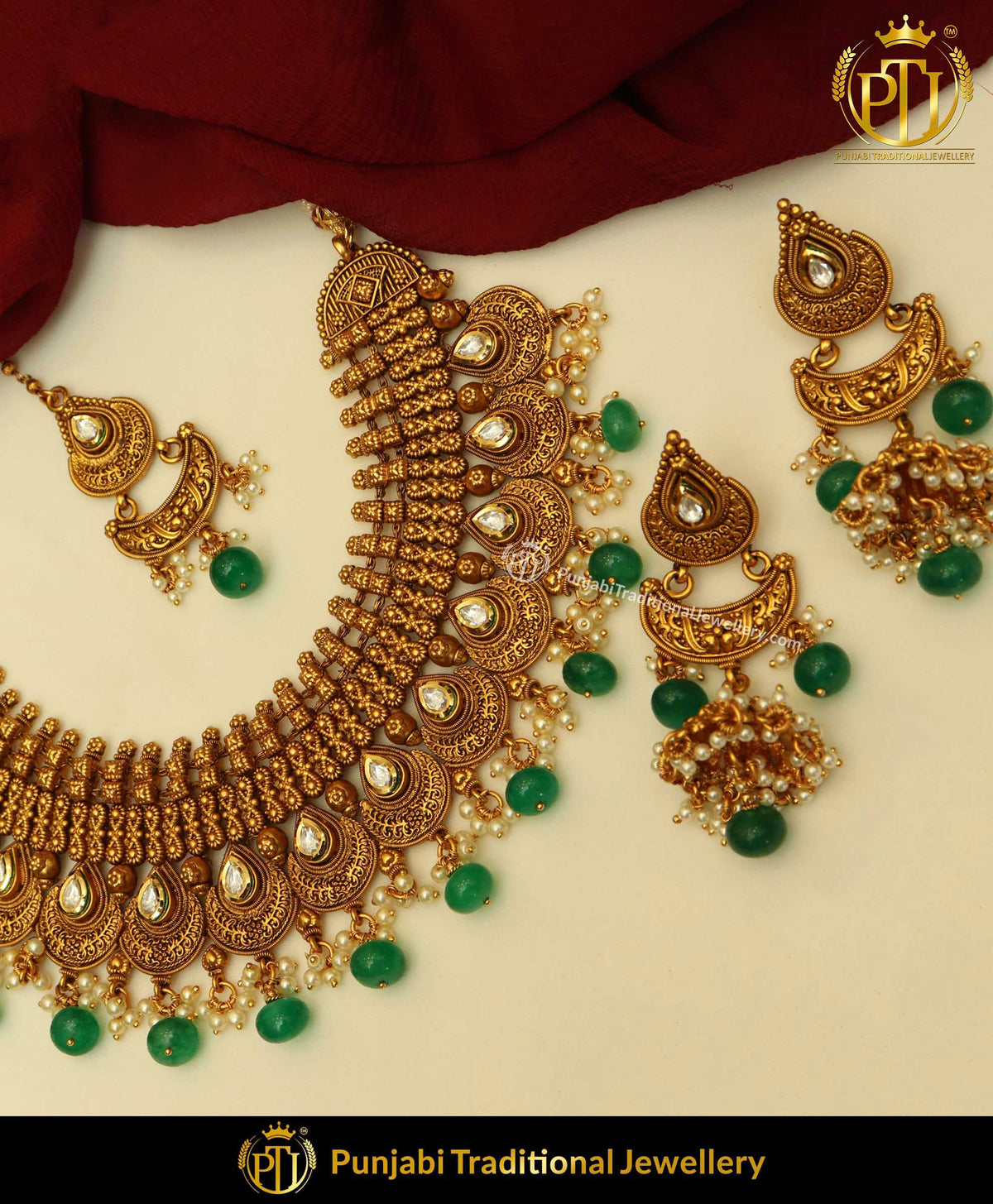Antique Gold Rajwada Emerald Necklace Set | Punjabi Traditional Jewellery Exclusive